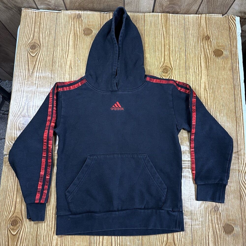 Adidas Hoodie Youth Small Black Red Stripes Pullover Sweatshirt Kids Size 8